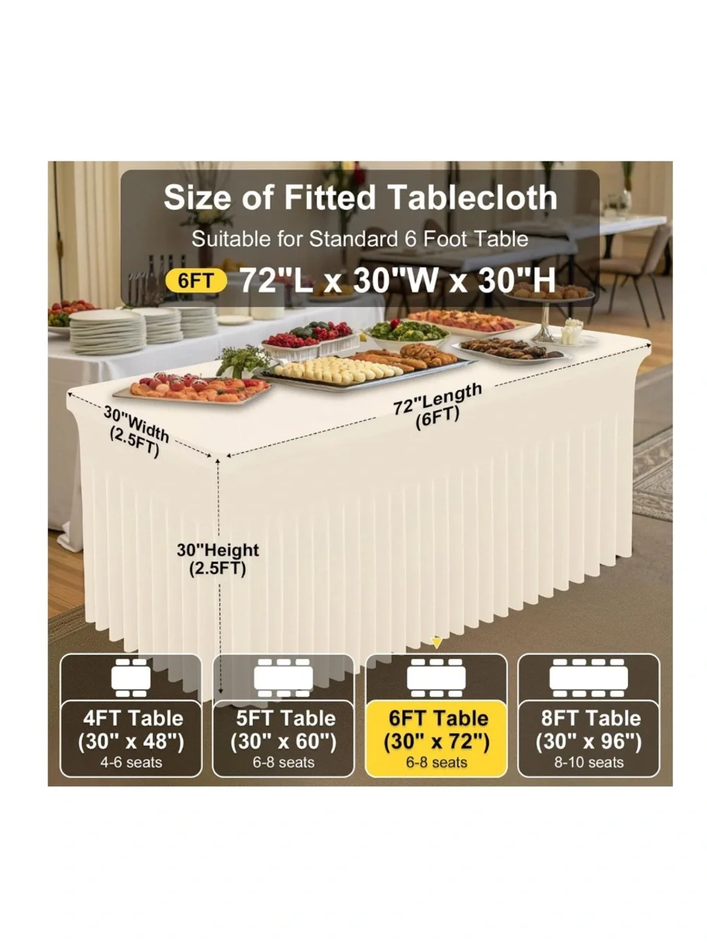 Spandex Elastic Fitted Tablecloth Skirt for 6Ft Rectangular Table 30x72” BEIGE